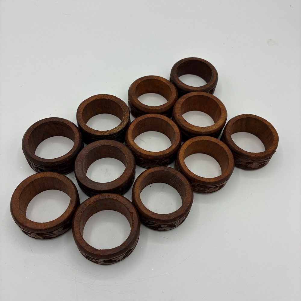 Vintage Hand Carved Wood Napkin Rings Set of 12 Leaf Floral Design